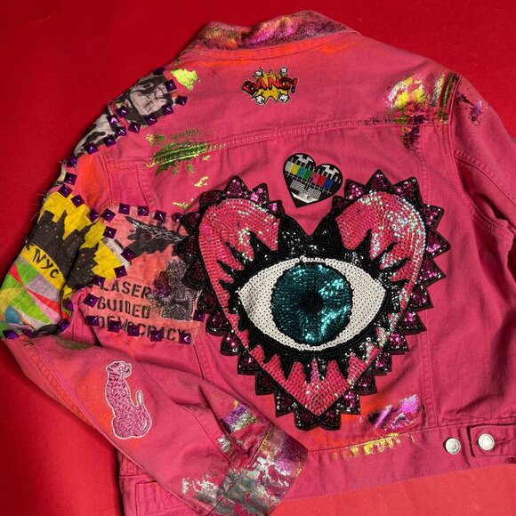 Upcycled Pink Denim Jacket and Jeans Set – Festival Outfit, Size M/26 - Picture 7 of 12